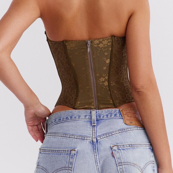 MistressRocks - OLIVE GREEN LACE UNDERWIRED CORSET - Picture 3 of 5